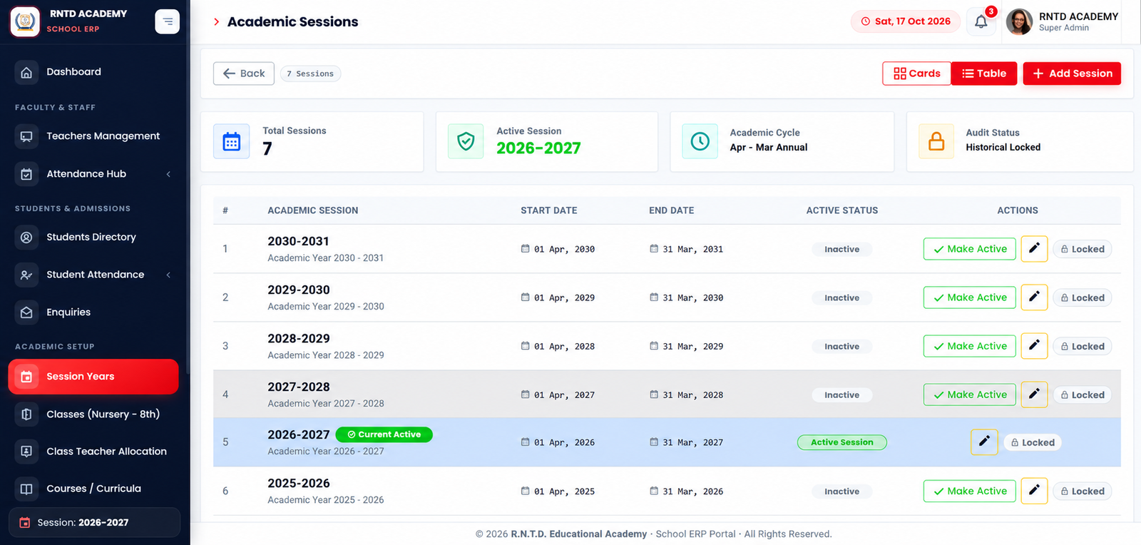 Academic Sessions — supplied School ERP screenshot