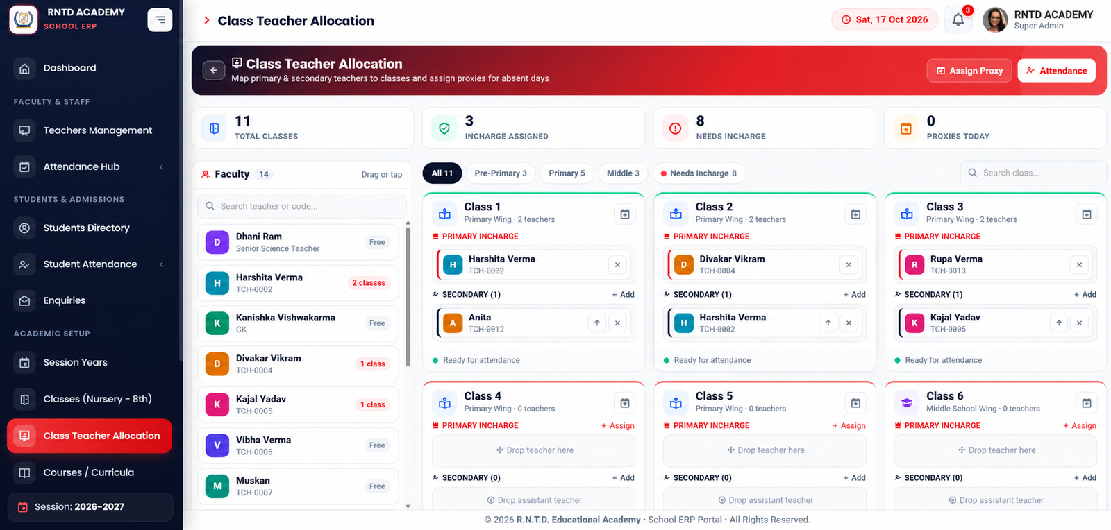 Class Teacher Allocation — supplied School ERP screenshot