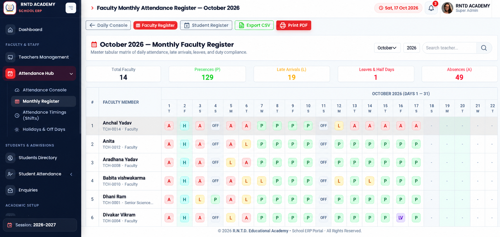 Tablet displaying the monthly faculty attendance register