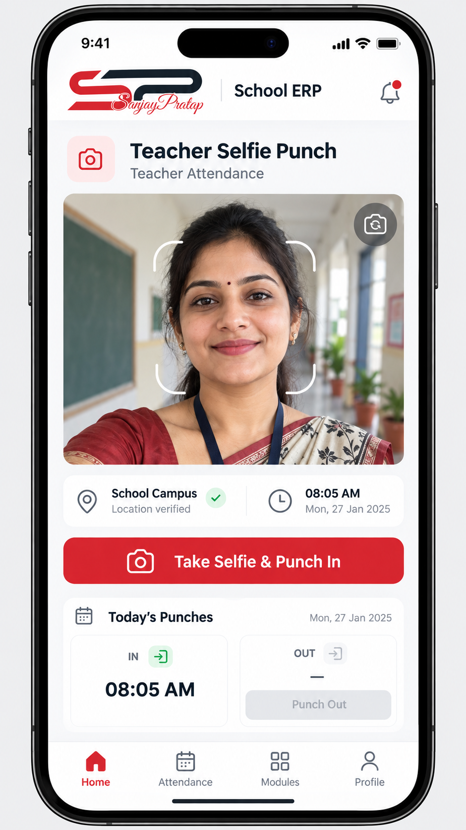 Mobile displaying a teacher taking selfie attendance with punch-in and punch-out controls